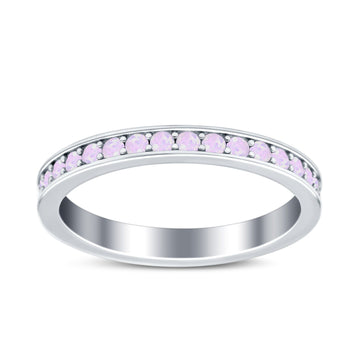 Full Eternity Stackable Band Wedding Ring Lab Created Pink Opal 925 Sterling Silver